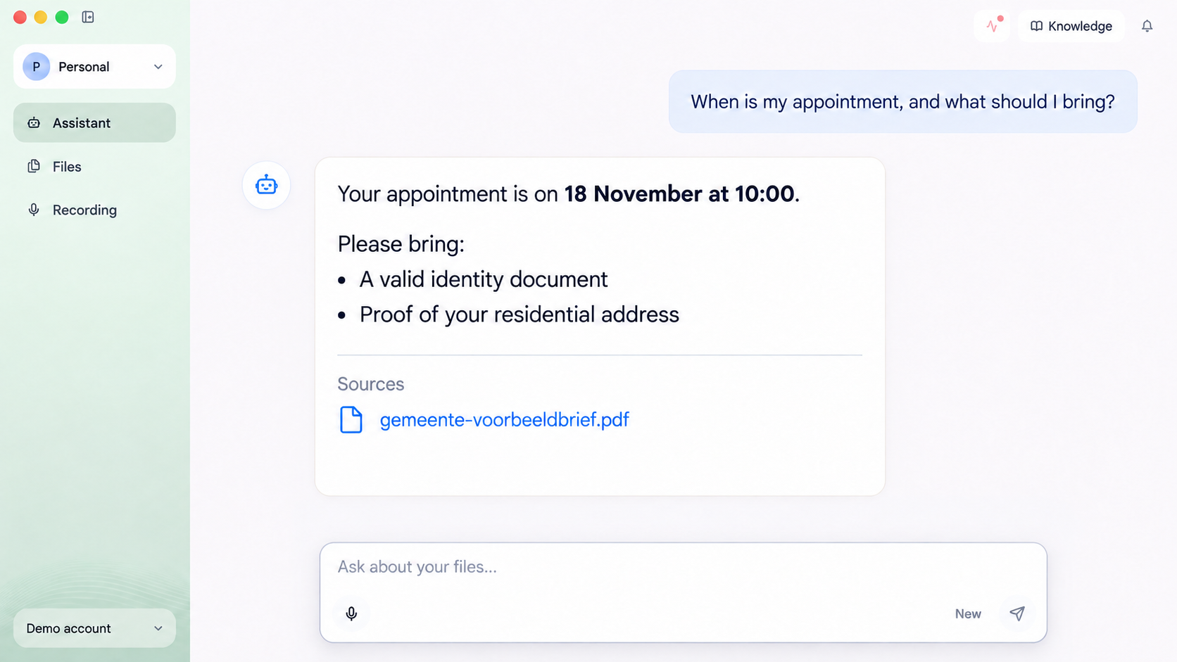 Illustrative OmniForge assistant answering a question about an imported gemeente letter and citing the fictional source document