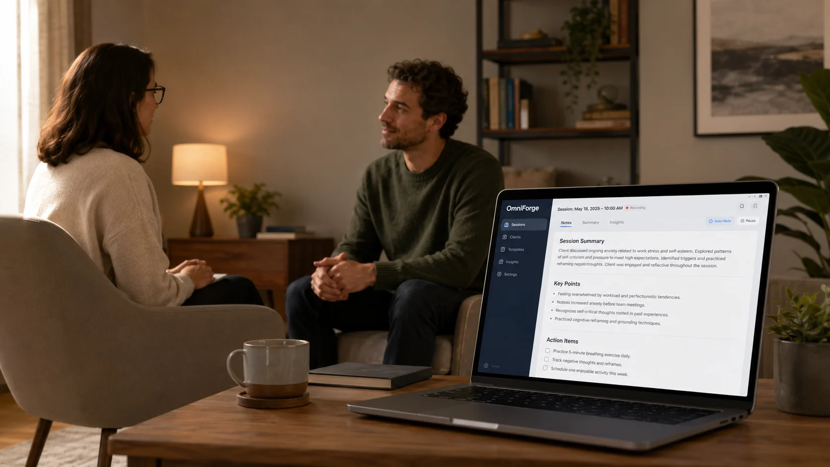 OmniForge pokazuje na laptopie lokalnie utworzone podsumowanie sesji terapeutycznej