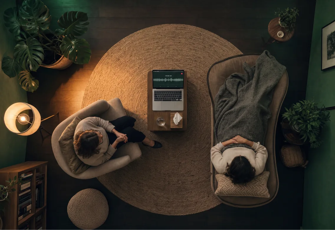 A therapy session recorded locally on a laptop between two chairs